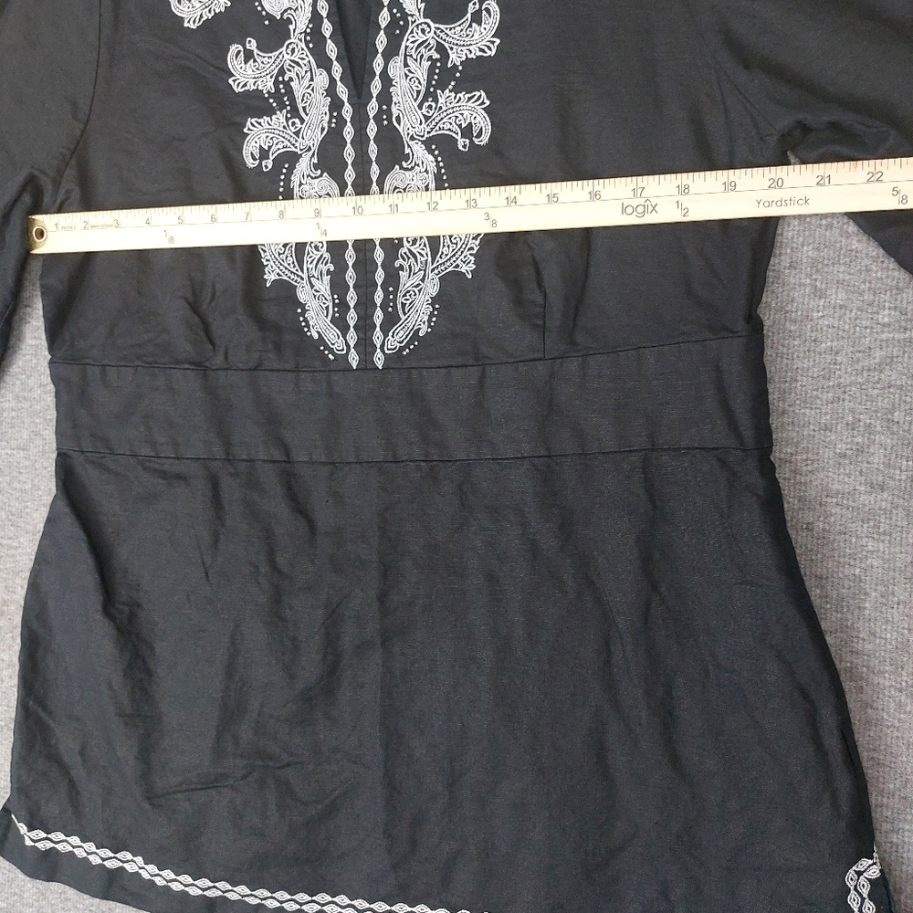 COVINGTON WOMEN BLACK WHITE EMBROIDERED BEADED LINEN BLEND 3/4 SLEEVE BOHO TOP M - Picture 3 of 7
